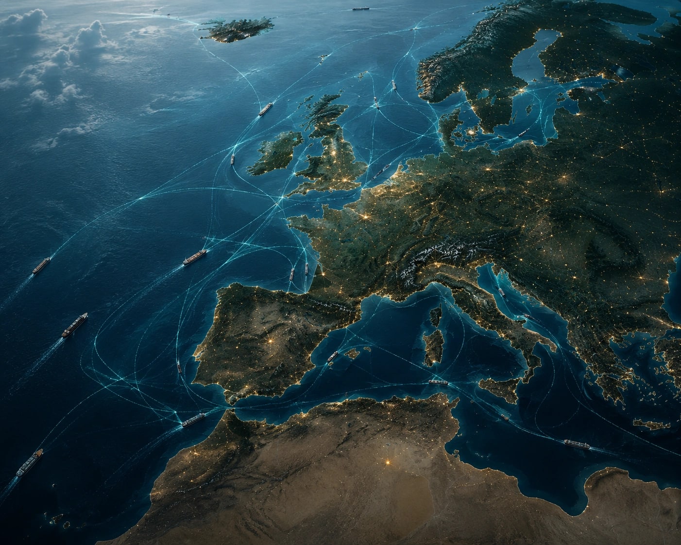 Europe and the North Atlantic seen from orbit at night, vessels under way along the shipping lanes that link the ports
