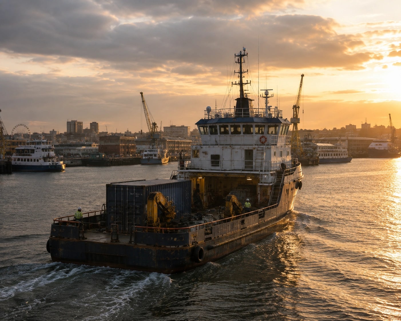 An ageing offshore supply vessel under way at sunset in a working commercial harbour, deck cargo aboard and crew on deck