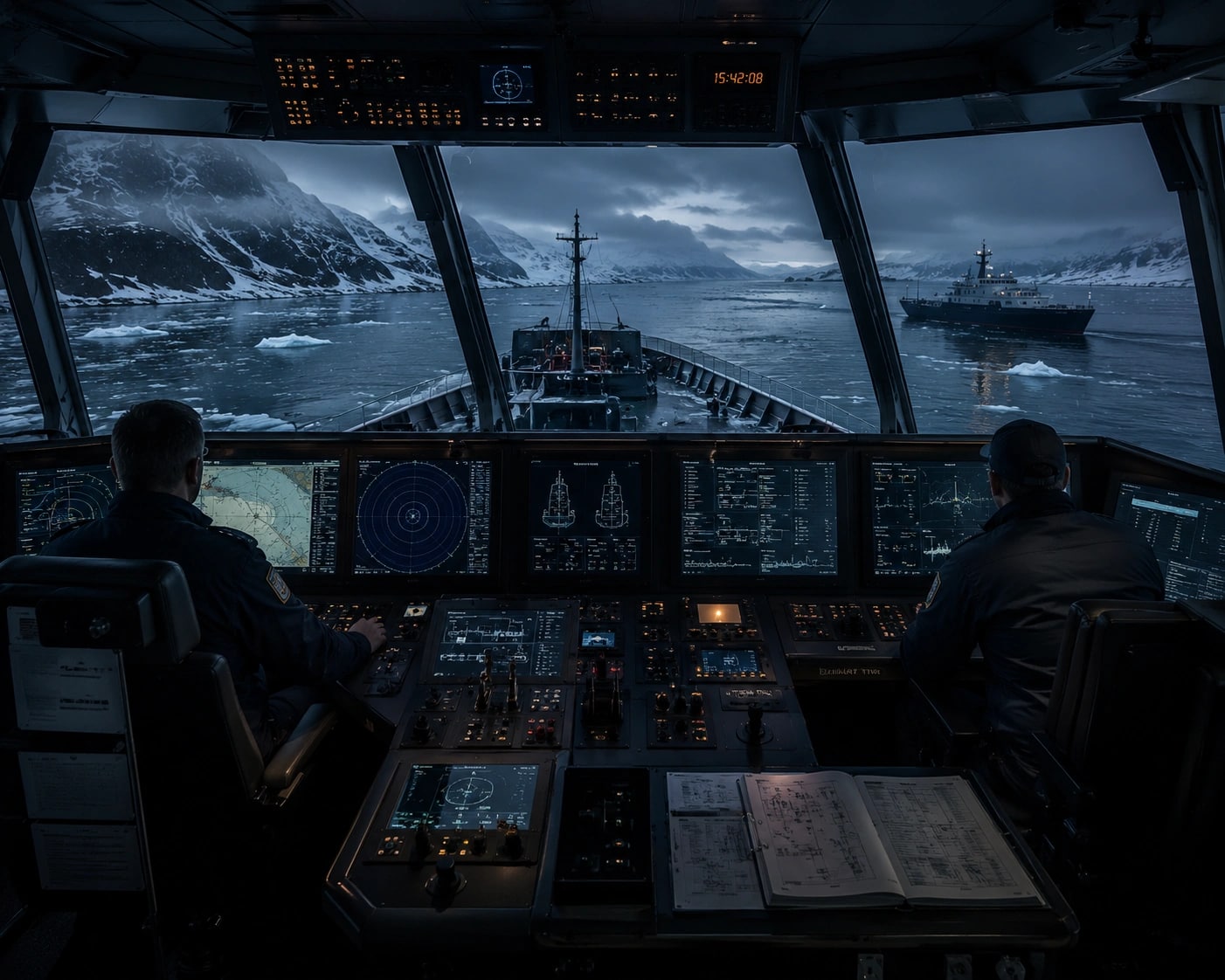 The bridge of an ice-class vessel working polar waters at dusk, two officers at the consoles and a second ship in company