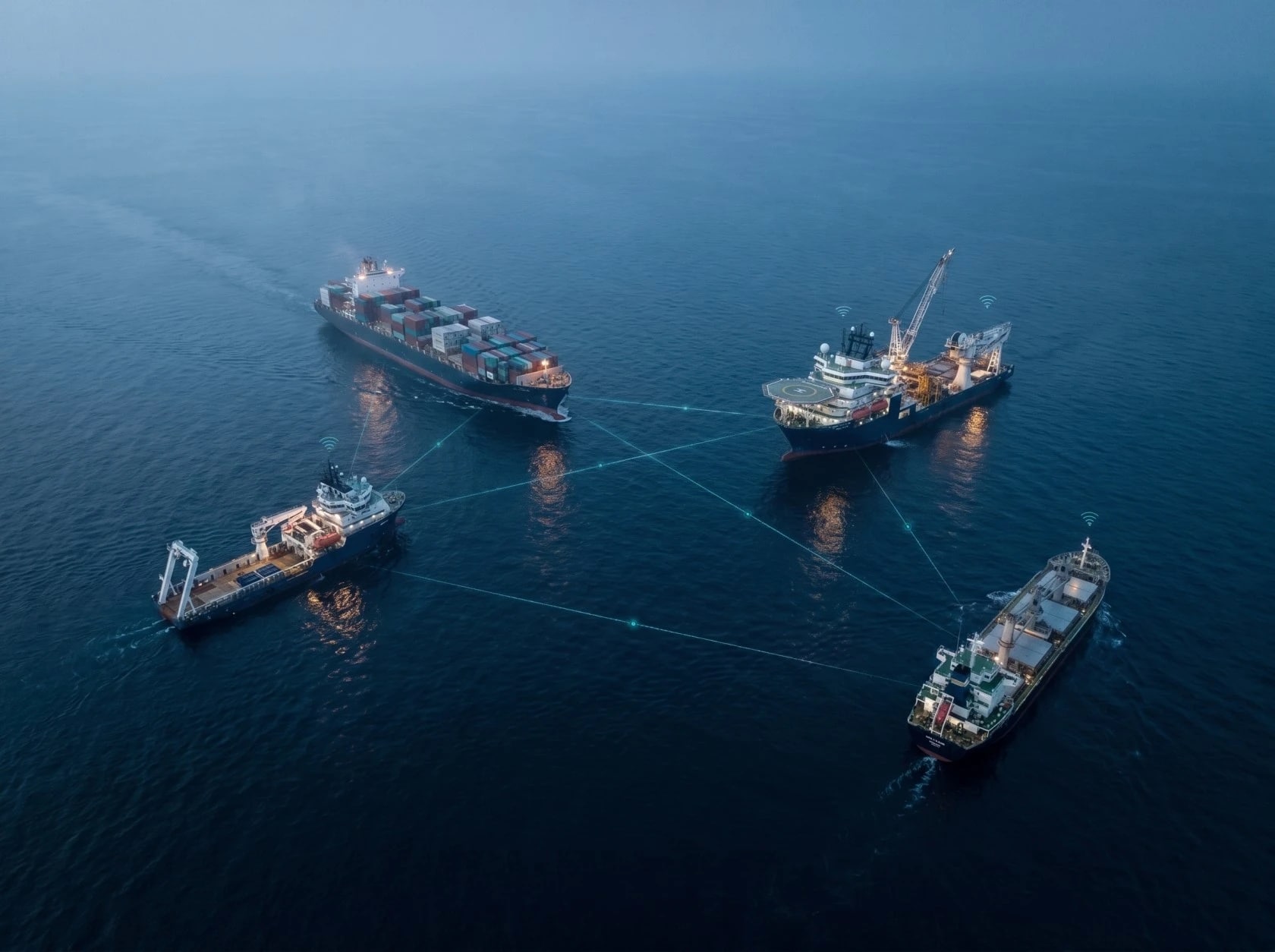 Aerial view of a mixed fleet at sea - container ship, offshore crane vessel, supply vessel and bulk carrier - linked by glowing data connections