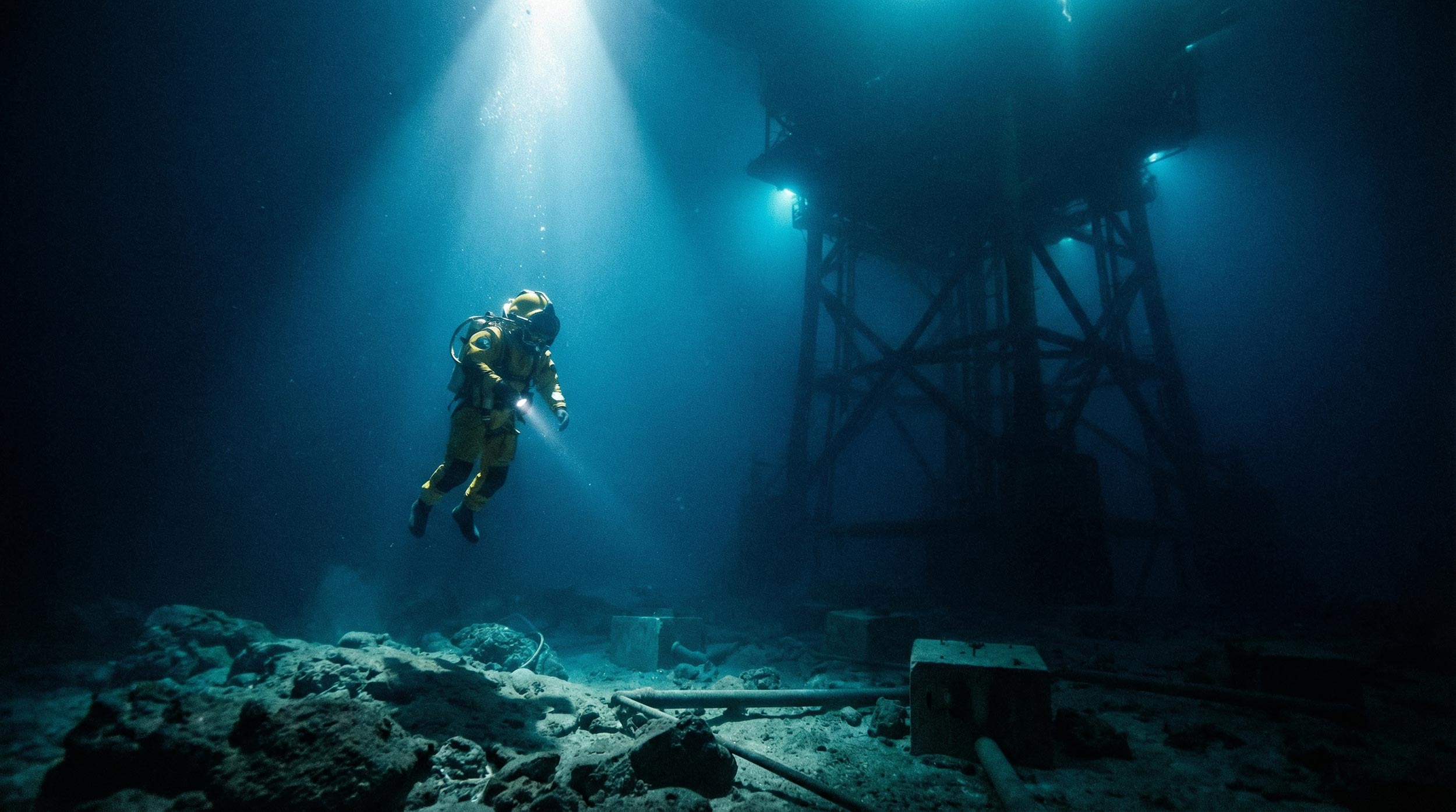 Massive futuristic industrial structure submerged in dark deep blue water