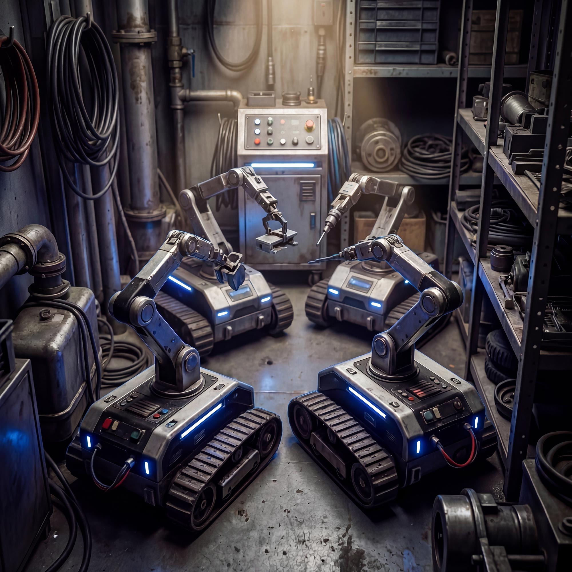 Futuristic server room with blue glowing data streams